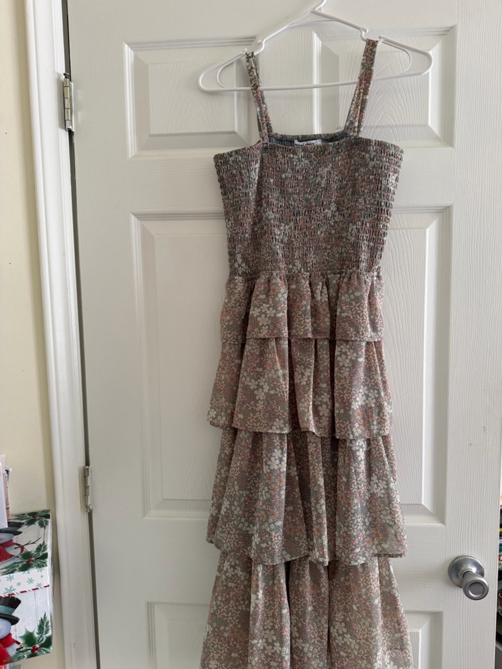 Mimi Chica Smocked Floral Maxi Dress in Muted Green and Pink
